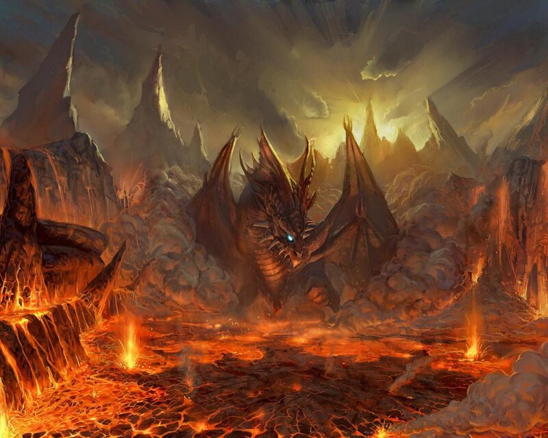 Dragon in Volcanic Landscape — Orange, Dramatic, Digital Art, Lava