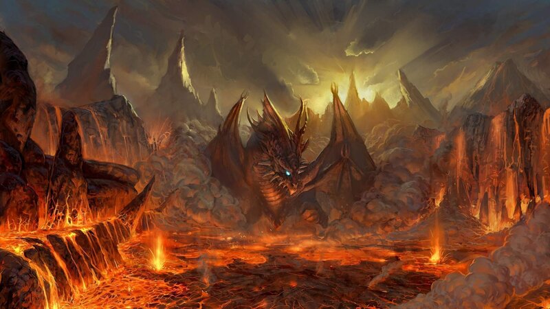 Dragon in Volcanic Landscape — Orange, Dramatic, Digital Art