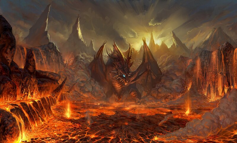 Dragon in Volcanic Landscape — Orange, Dramatic, Night, Digital Art, Lava, Mountains