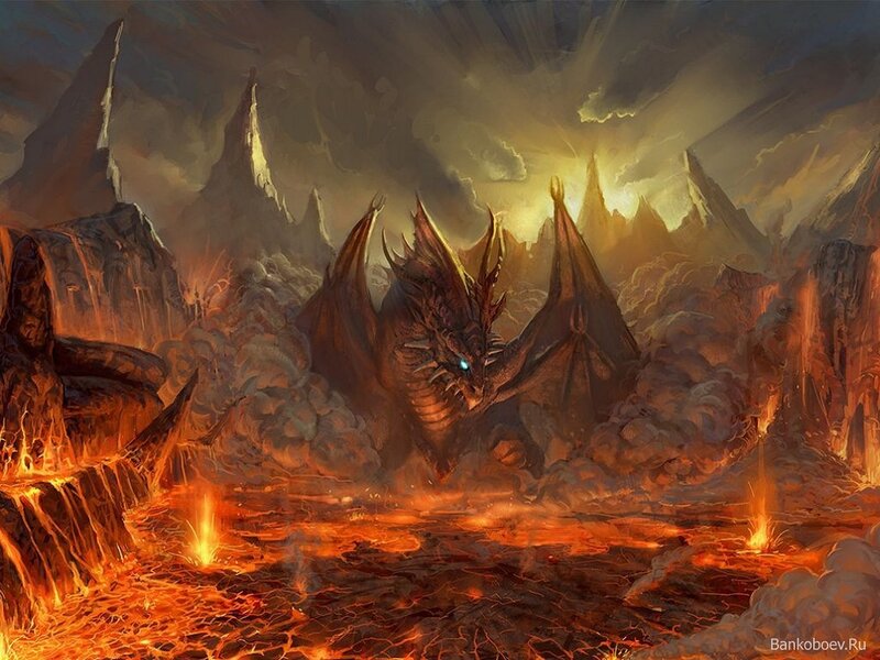 Dragon in Volcanic Landscape — Orange, Dramatic, Night, Digital Art, Lava