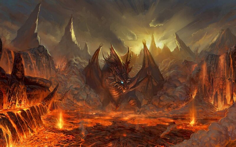 Dragon in Volcanic Landscape — Orange, Dramatic, Night, Digital Art