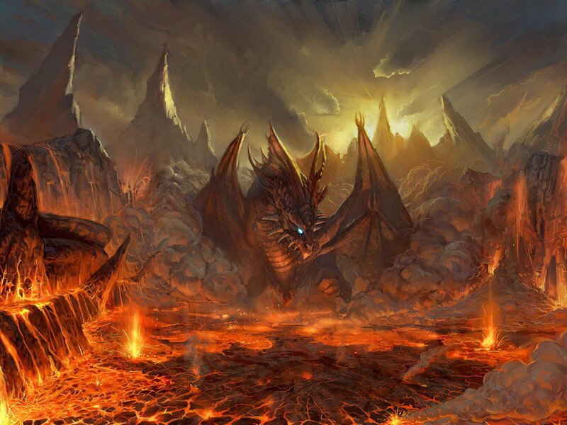 Dragon in Volcanic Landscape — Orange, Dramatic, Night