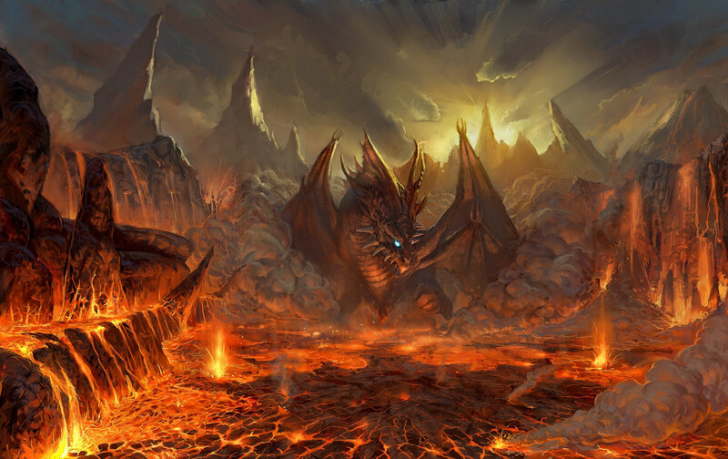 Dragon in Volcanic Landscape — Orange, Dramatic, Sunset, Digital Art, Lava, Mountains, Smoke, Black