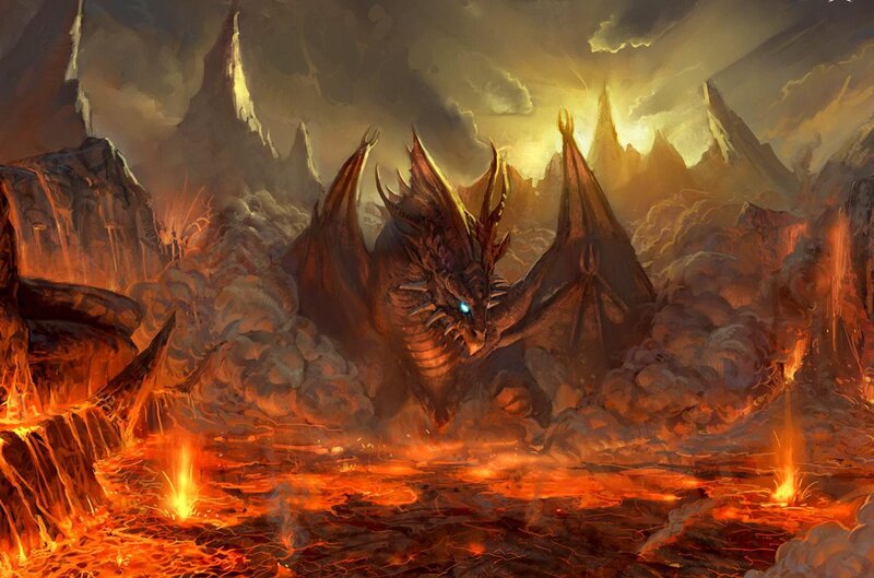Dragon in Volcanic Landscape — Orange, Dramatic, Sunset, Digital Art, Lava, Mountains