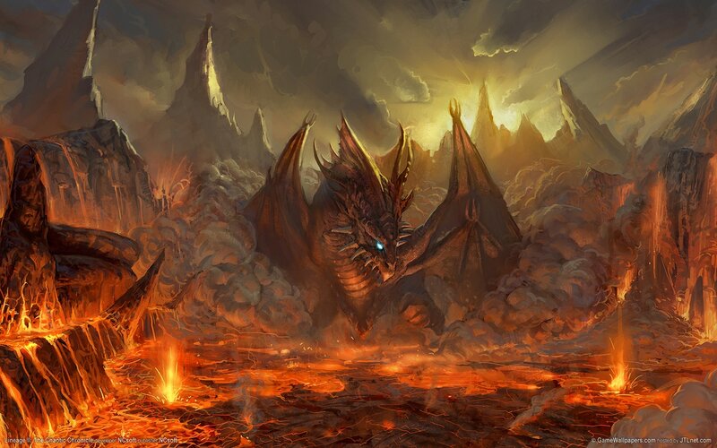 Dragon in Volcanic Landscape — Orange, Dramatic, Sunset, Digital Art