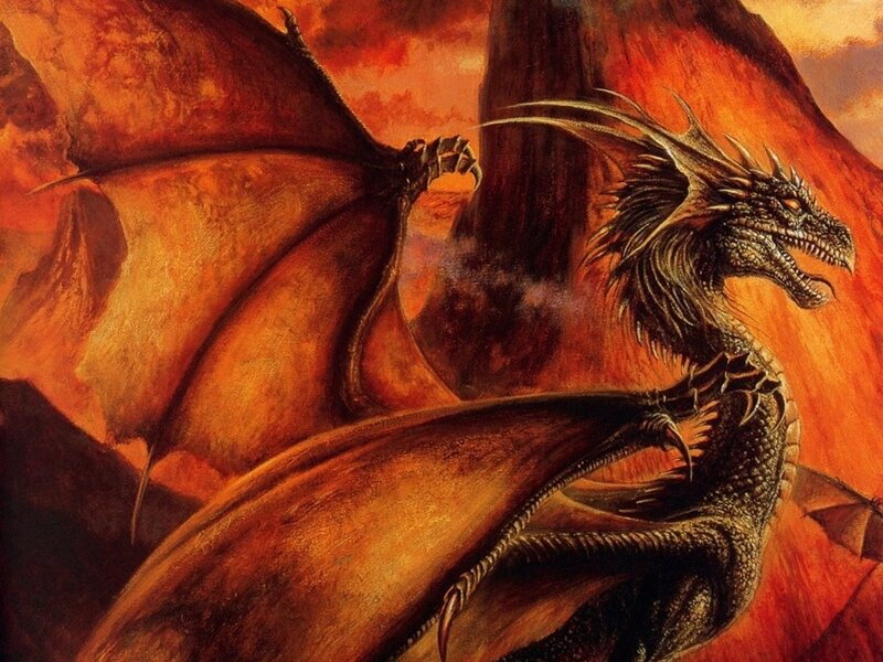 Dragon in Volcanic Landscape — Orange, Dramatic, Sunset, Painting