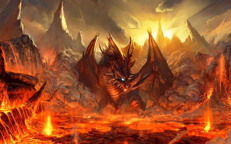 Dragon in Volcanic Landscape — Orange, Dramatic, Sunset