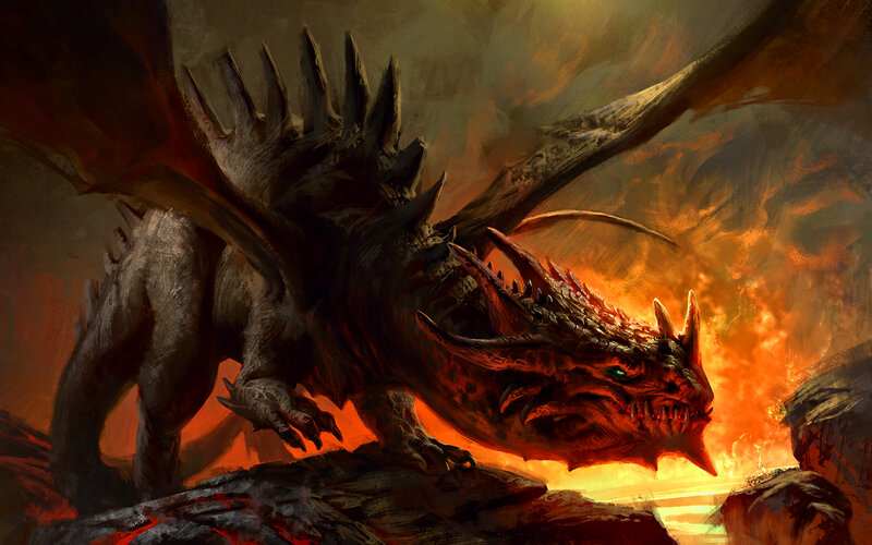 Dragon in Volcanic Landscape — Red, Dramatic