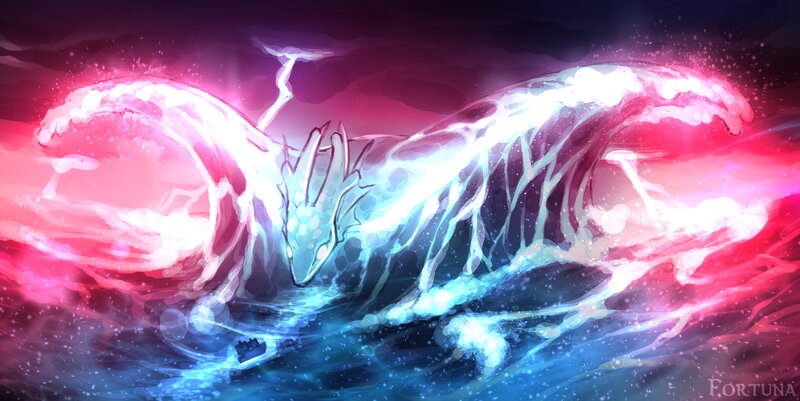 Dragon in Water — Blue, Dramatic, Digital Art