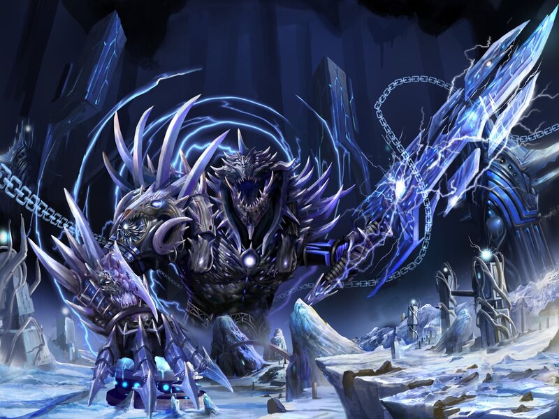 Dragon-like Creature — Blue, Dramatic, Night, Digital Art, Chains