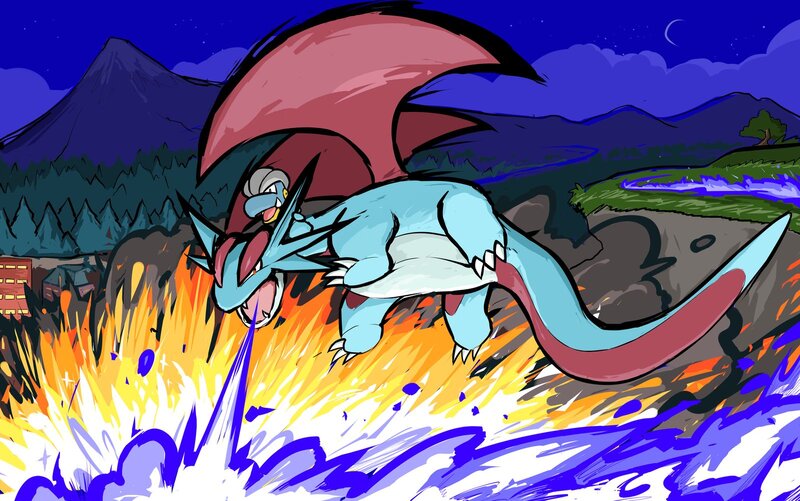 Dragon-like Creature — Blue, Dramatic, Night, Digital Art, Fire