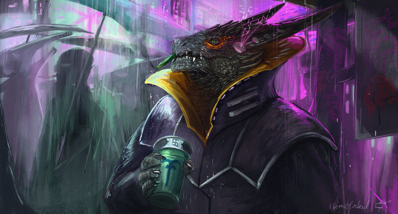Dragon-like Creature — Purple, Dramatic, Night, Digital Art, Rain