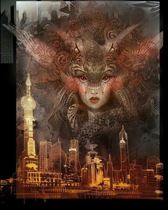 dragon mask cityscape art