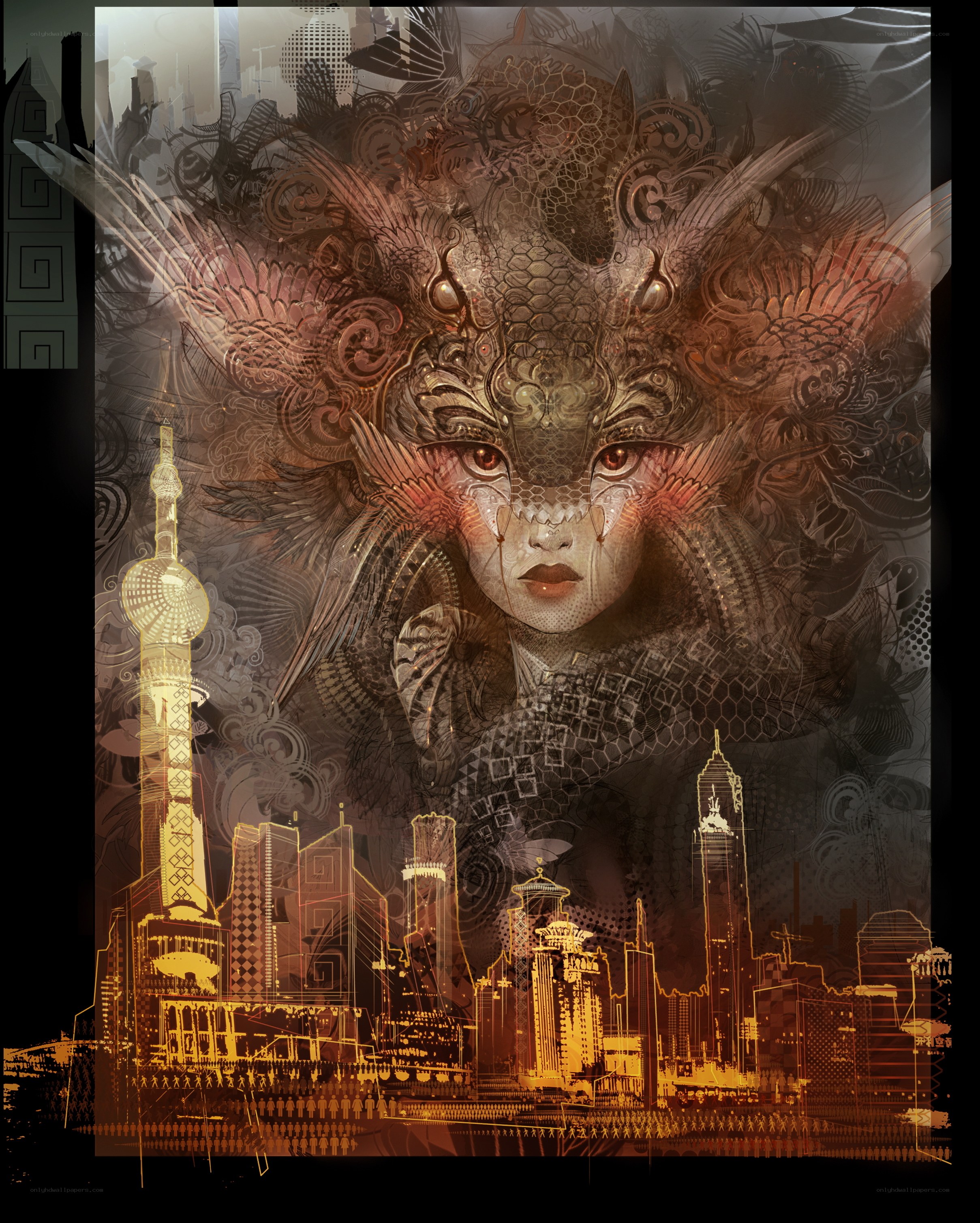 dragon mask cityscape art