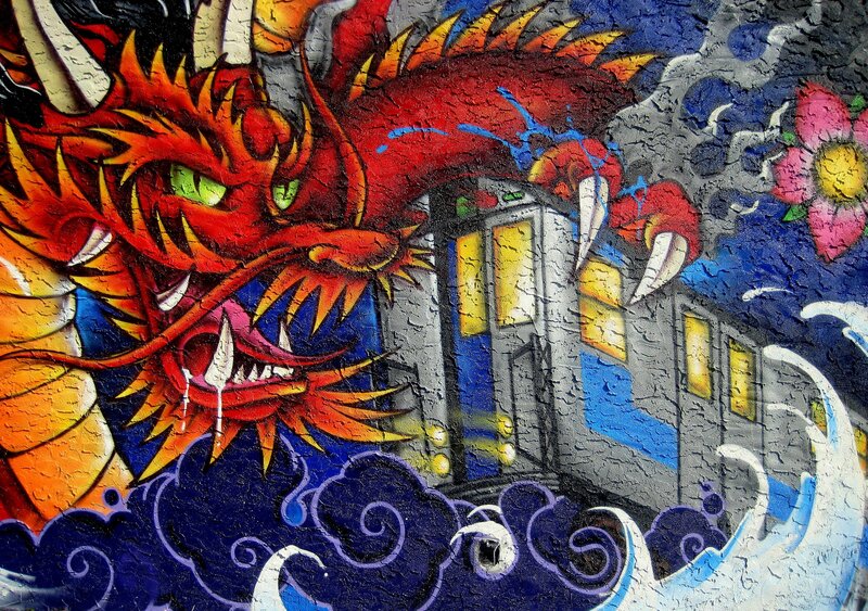 Dragon mural with train