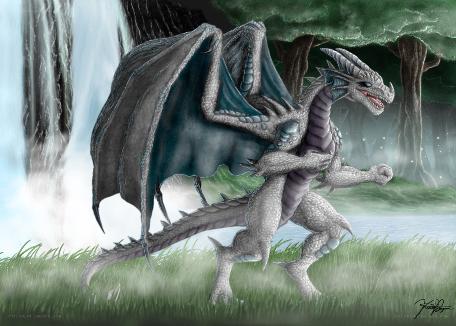 dragon near waterfall