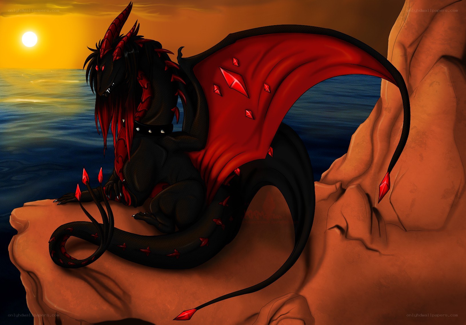 dragon on a cliff at sunset