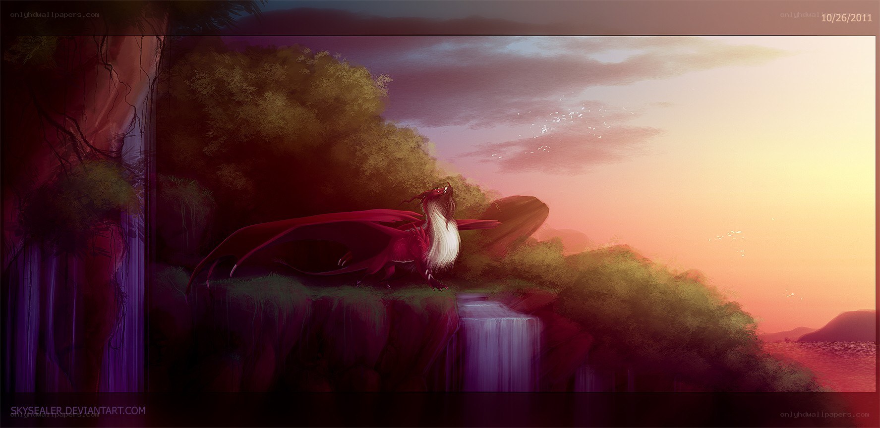 dragon on a cliff at sunset