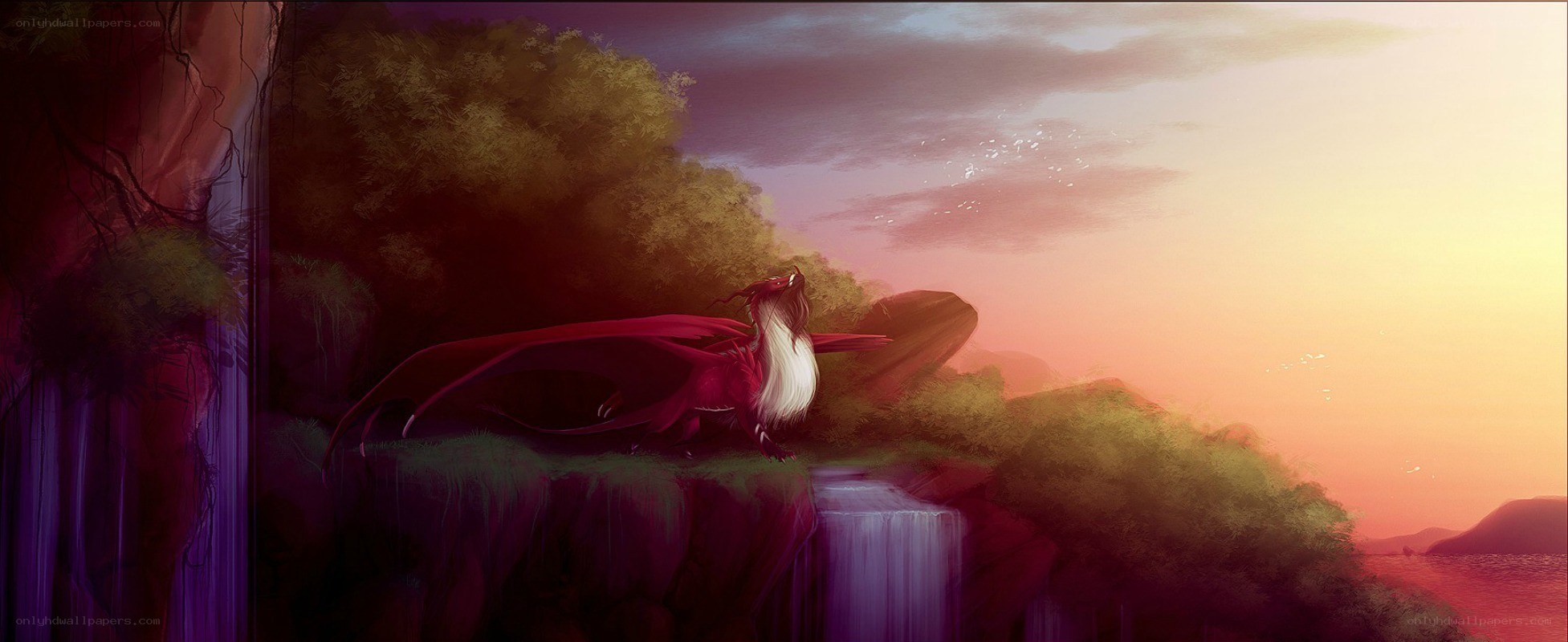 dragon on a cliff at sunset