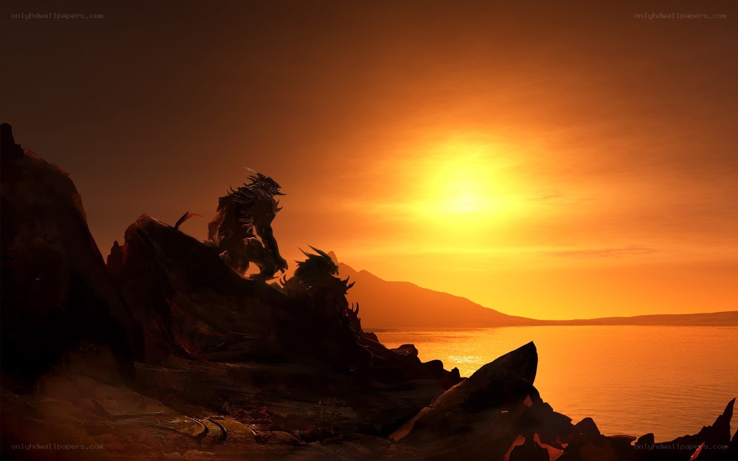 dragon on a cliff at sunset
