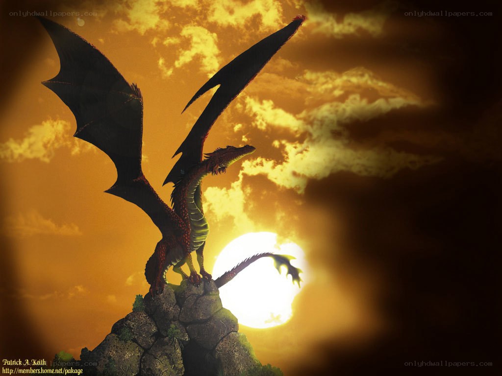 dragon on a cliff at sunset