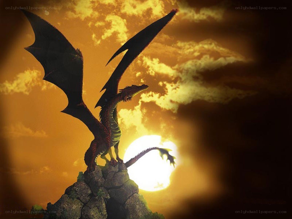 dragon on a cliff at sunset