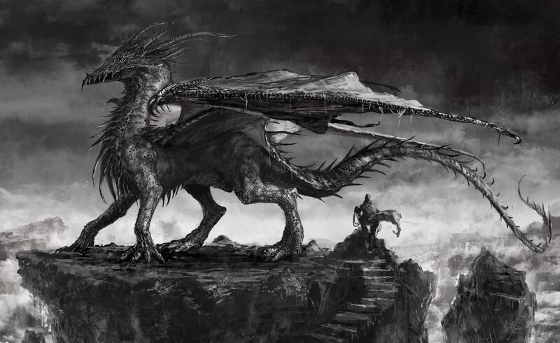 Dragon on a Cliff — Black, Dramatic, Digital Art