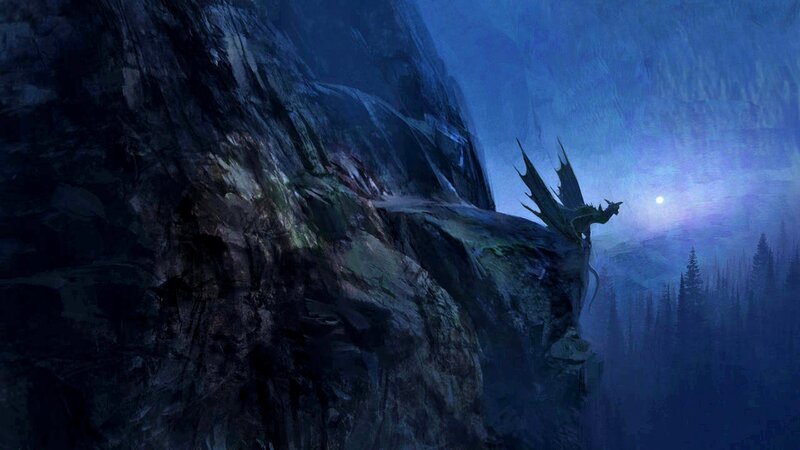 Dragon on a Cliff — Blue, Dramatic, Night, Digital Art, Moon