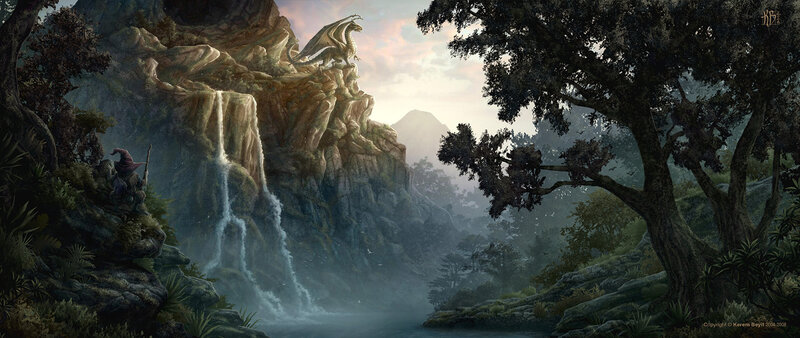 Dragon on a cliff by waterfall