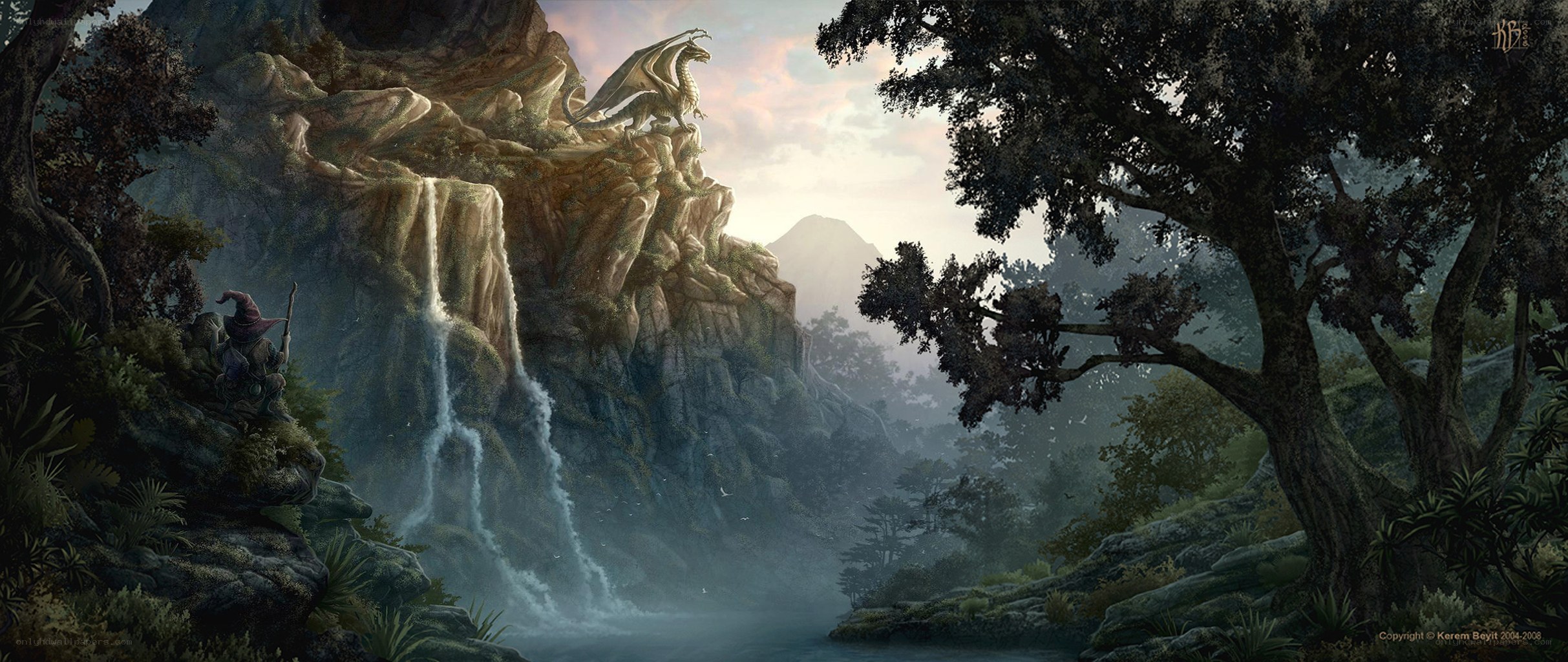 Dragon on a cliff by waterfall