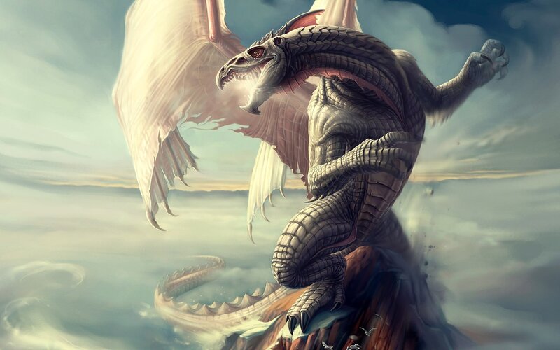 Dragon on a Cliff — Gray, Dramatic, Afternoon, Digital Art