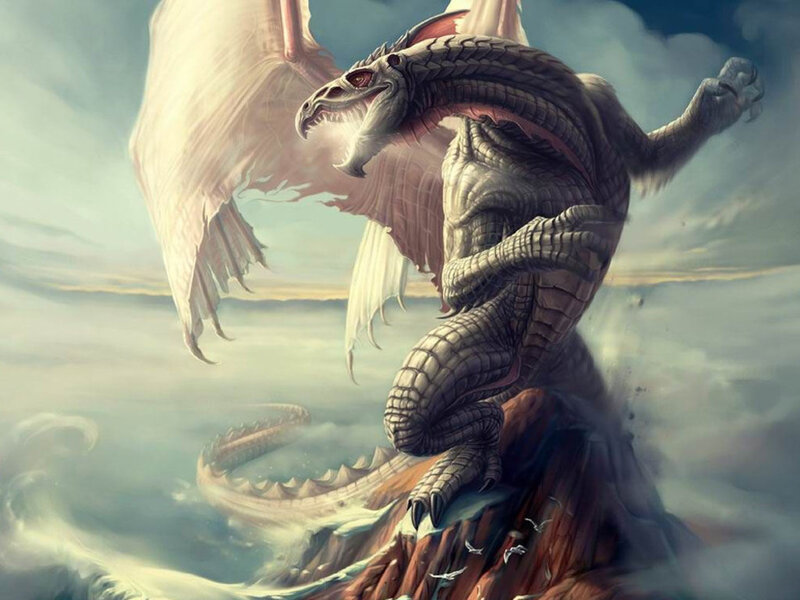 Dragon on a Cliff — Gray, Dramatic, Digital Art, Clouds, Wings