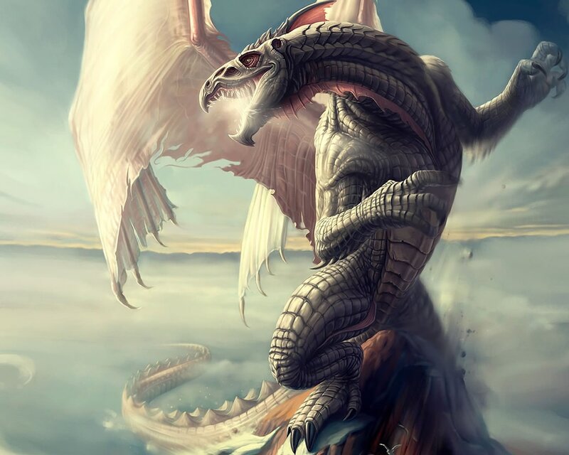 Dragon on a Cliff — Gray, Dramatic, Sunset