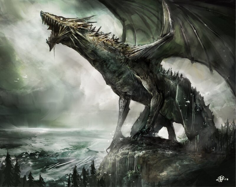 Dragon on a Cliff — Green, Dramatic, Digital Art, Ocean