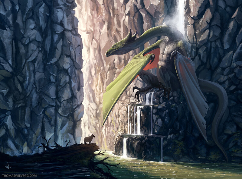 Dragon on a Cliff — Green, Dramatic, Digital Art