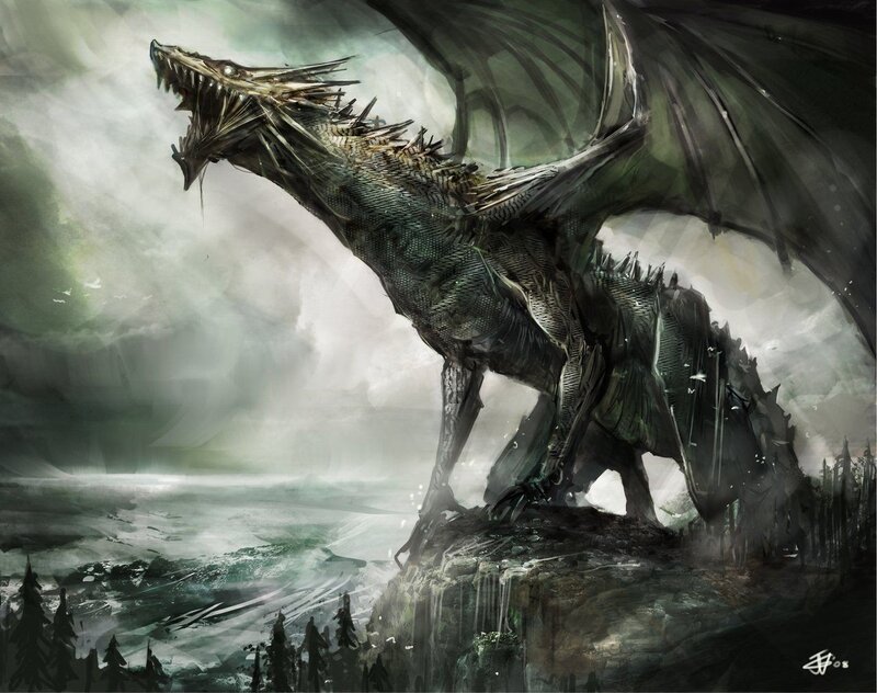 Dragon on a Cliff — Green, Dramatic, Digital Art, Wings