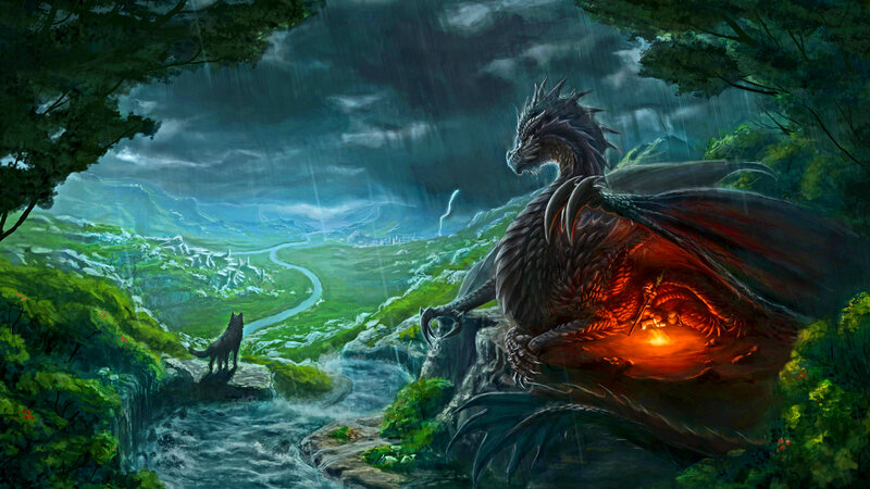 Dragon on a Cliff — Green, Dramatic, Night, Digital Art