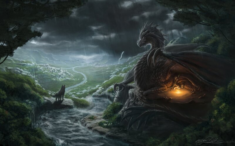 Dragon on a Cliff — Green, Dramatic, Night
