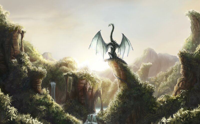 Dragon on a Cliff — Green, Serene, Morning