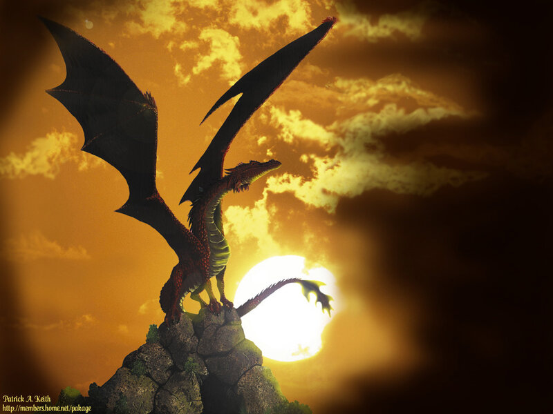 Dragon on a Cliff — Orange, Dramatic, Sunset, Digital Art, Sun