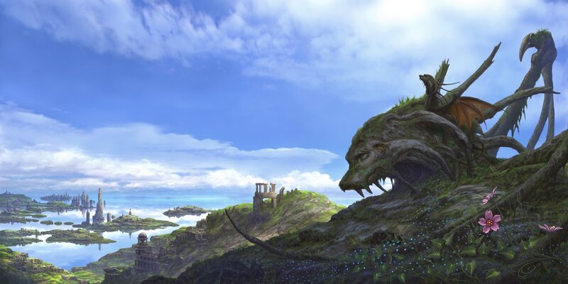 Dragon on a cliff overlooking a city