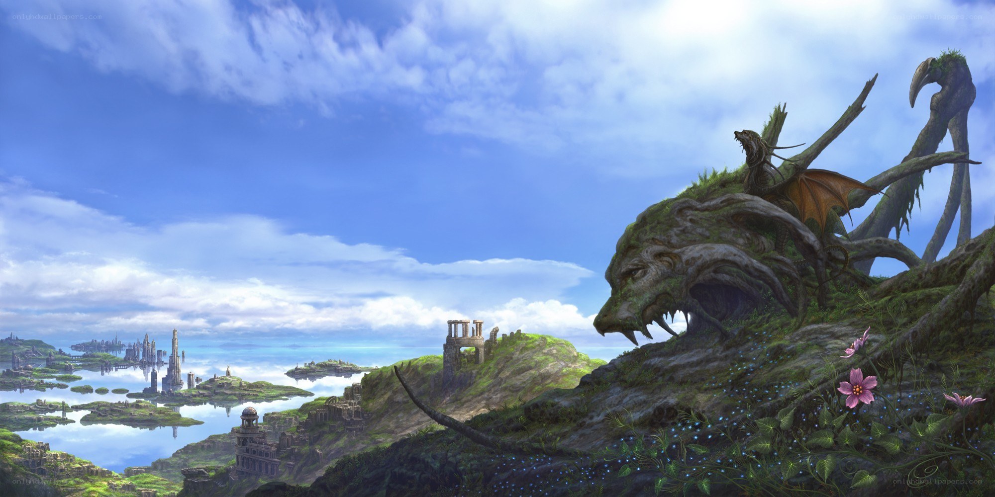 Dragon on a cliff overlooking a city