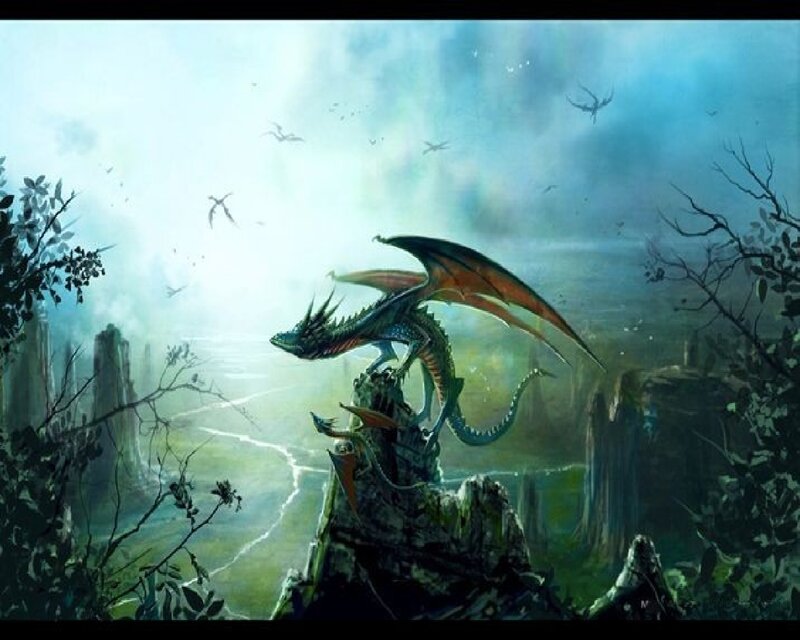 dragon on a cliff overlooking ruins