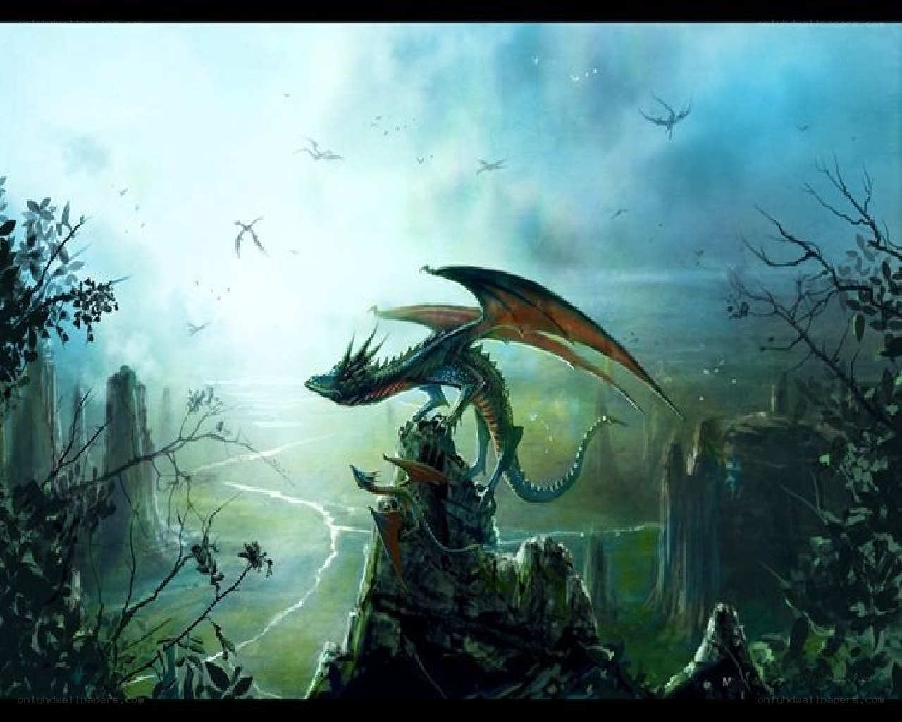 dragon on a cliff overlooking ruins