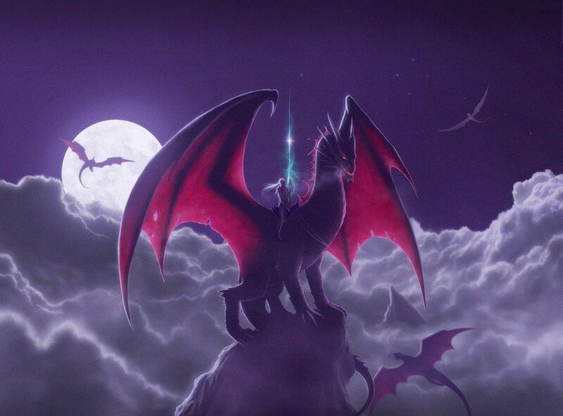 Dragon on a Cliff — Purple, Dramatic, Night, Digital Art, Moon