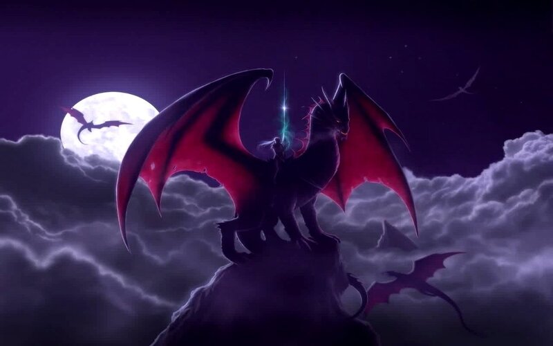 Dragon on a Cliff — Purple, Dramatic, Night, Digital Art