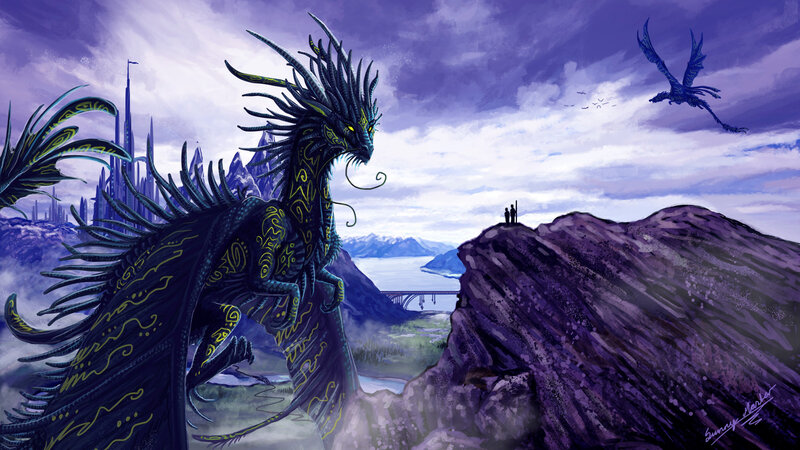 Dragon on a Cliff — Purple, Dramatic