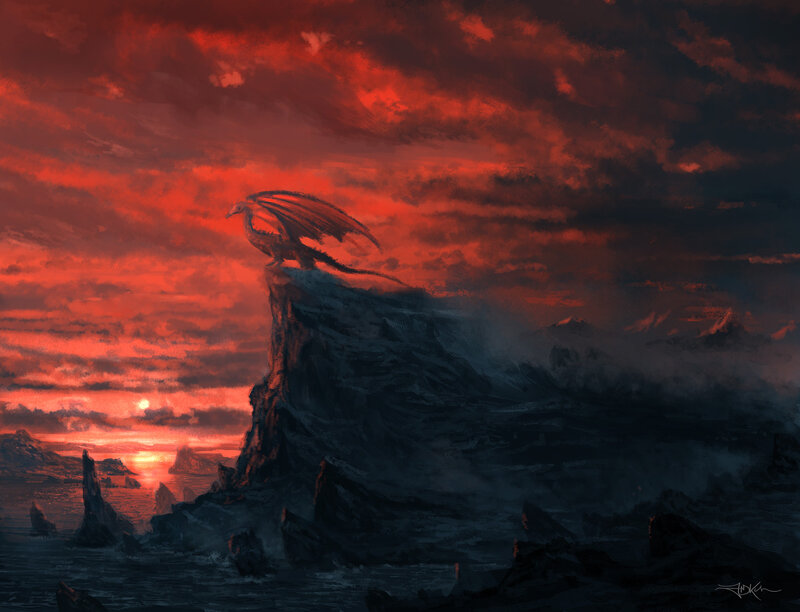 Dragon on a Cliff — Red, Dramatic
