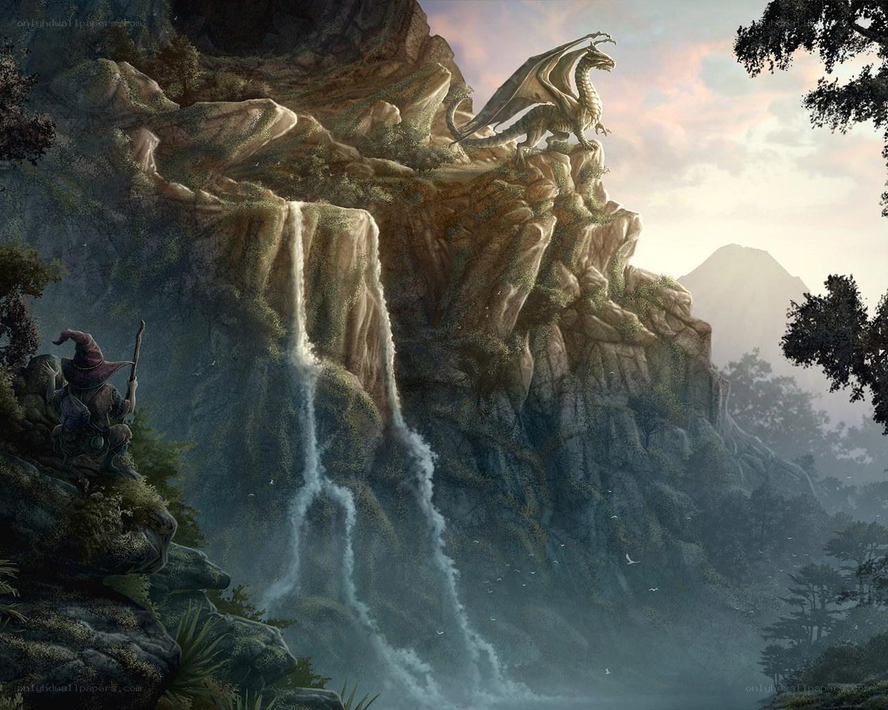 Dragon on a cliff with waterfall