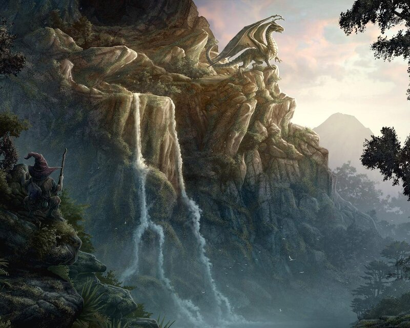 Dragon on a cliff with waterfall